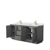 Miranda 72 Inch Double Bathroom Vanity in Dark Gray, White Carrara Marble Countertop, Undermount Square Sinks, Brushed Gold Trim