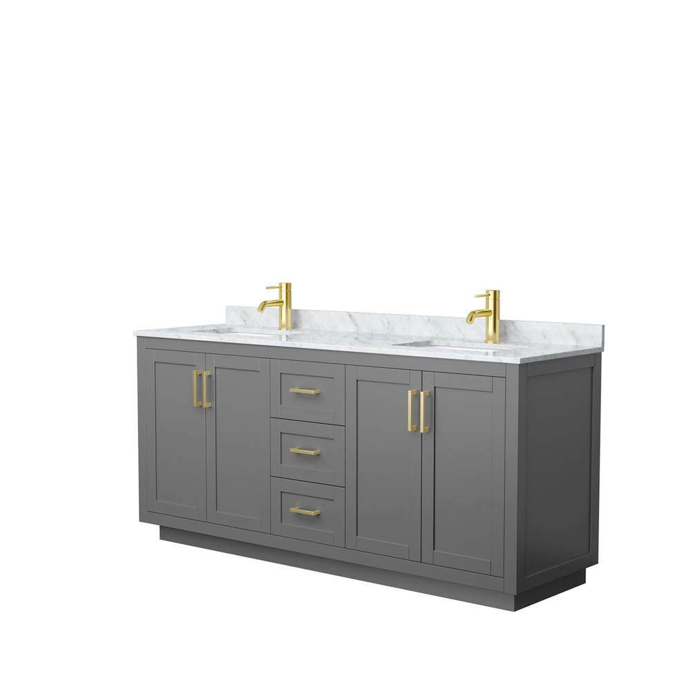 Wyndham Collection - Miranda 72 Inch Double Bathroom Vanity in Dark Gray, White Carrara Marble Countertop, Undermount Square Sinks, Brushed Gold Trim