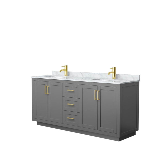 Wyndham Collection - Miranda 72 Inch Double Bathroom Vanity in Dark Gray, White Carrara Marble Countertop, Undermount Square Sinks, Brushed Gold Trim