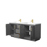 Miranda 72 Inch Double Bathroom Vanity in Dark Gray, 1.25 Inch Thick Matte White Solid Surface Countertop, Integrated Sinks, Brushed Gold Trim