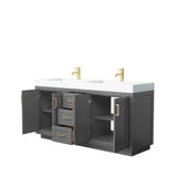 Miranda 72 Inch Double Bathroom Vanity in Dark Gray, 4 Inch Thick Matte White Solid Surface Countertop, Integrated Sinks, Brushed Gold Trim