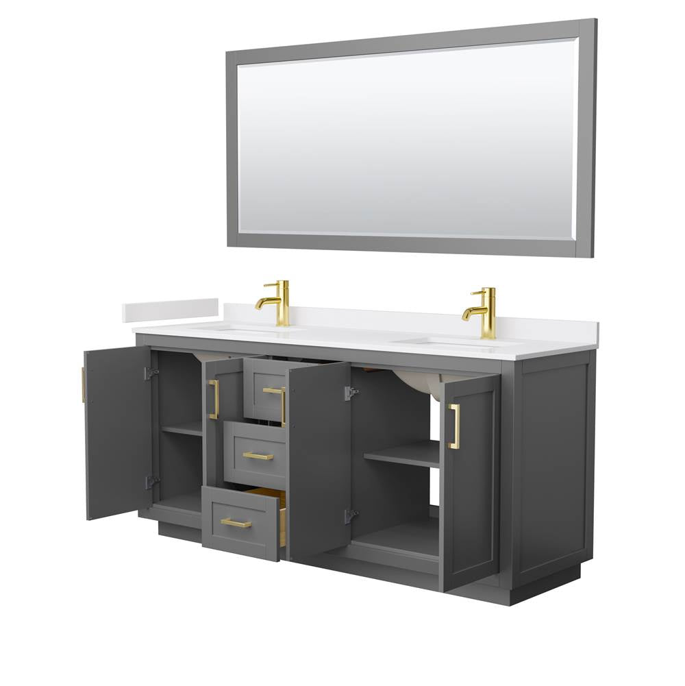 Miranda 72 Inch Double Bathroom Vanity in Dark Gray, White Cultured Marble Countertop, Undermount Square Sinks, Brushed Gold Trim, 70 Inch Mirror