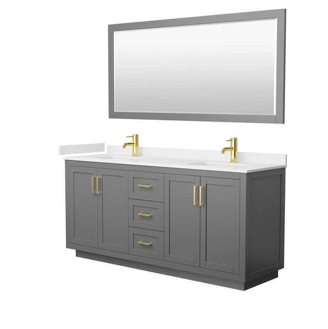 Wyndham Collection - Miranda 72 Inch Double Bathroom Vanity in Dark Gray, White Cultured Marble Countertop, Undermount Square Sinks, Brushed Gold Trim, 70 Inch Mirror