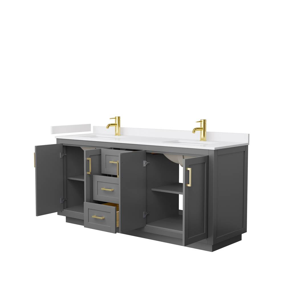 Miranda 72 Inch Double Bathroom Vanity in Dark Gray, White Cultured Marble Countertop, Undermount Square Sinks, Brushed Gold Trim