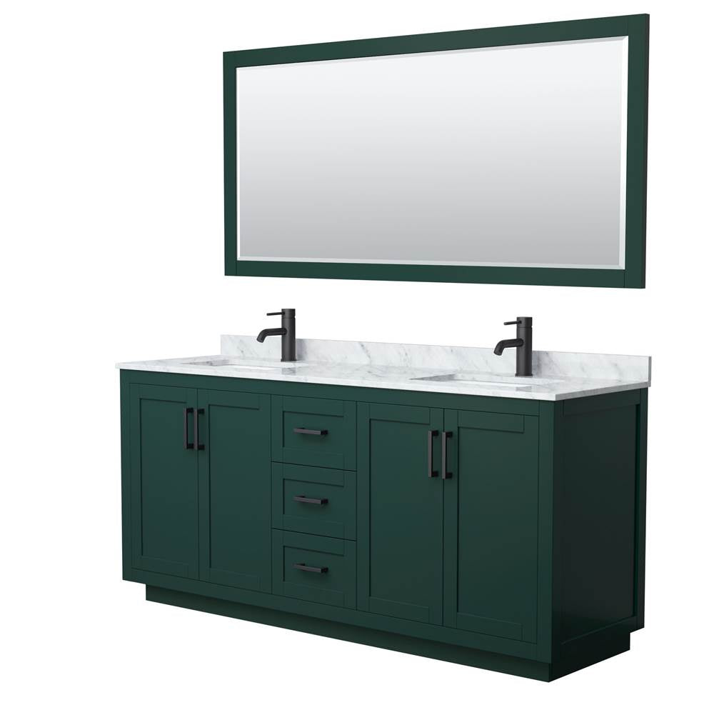 Wyndham Collection - Miranda 72 Inch Double Bathroom Vanity in Green, White Carrara Marble Countertop, Undermount Square Sinks, Matte Black Trim, 70 Inch Mirror