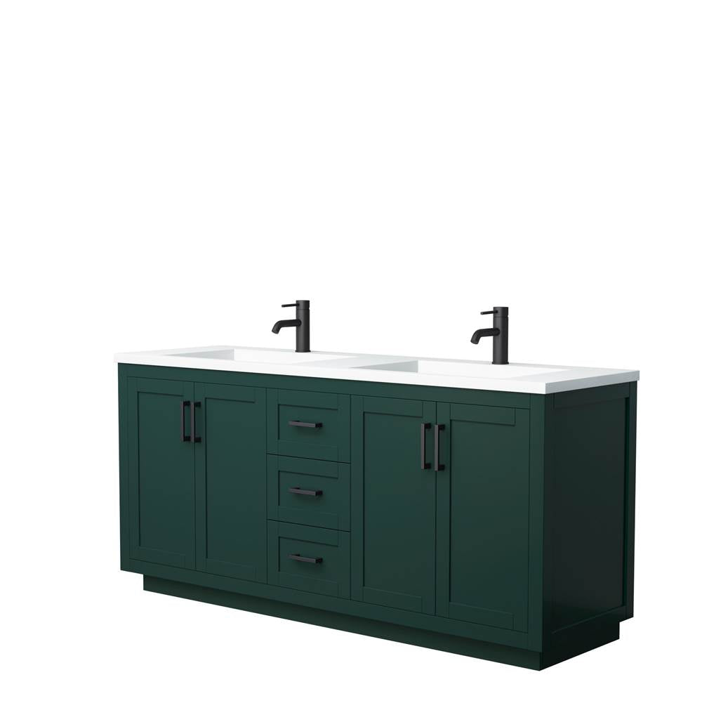 Wyndham Collection - Miranda 72 Inch Double Bathroom Vanity in Green, 1.25 Inch Thick Matte White Solid Surface Countertop, Integrated Sinks, Matte Black Trim