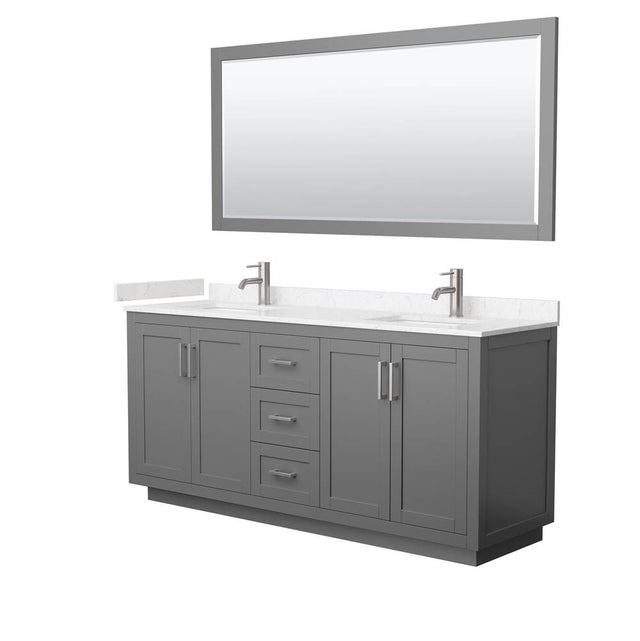 Wyndham Collection - Miranda 72 Inch Double Bathroom Vanity in Dark Gray, Carrara Cultured Marble Countertop, Undermount Square Sinks, Brushed Nickel Trim, 70 Inch Mirror