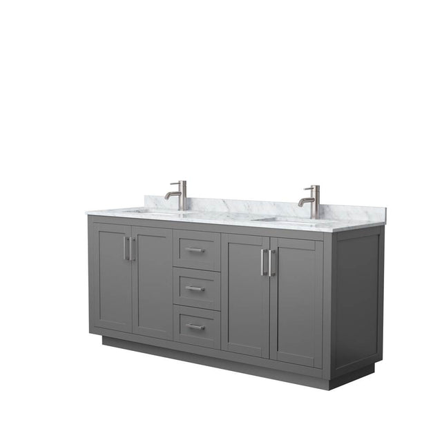 Wyndham Collection - Miranda 72 Inch Double Bathroom Vanity in Dark Gray, White Carrara Marble Countertop, Undermount Square Sinks, Brushed Nickel Trim
