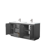 Miranda 72 Inch Double Bathroom Vanity in Dark Gray, 1.25 Inch Thick Matte White Solid Surface Countertop, Integrated Sinks, Brushed Nickel Trim