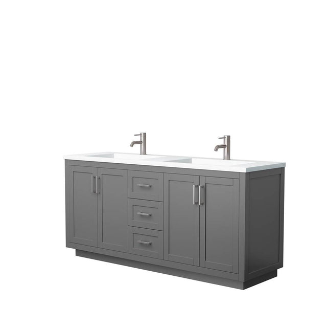 Wyndham Collection - Miranda 72 Inch Double Bathroom Vanity in Dark Gray, 1.25 Inch Thick Matte White Solid Surface Countertop, Integrated Sinks, Brushed Nickel Trim