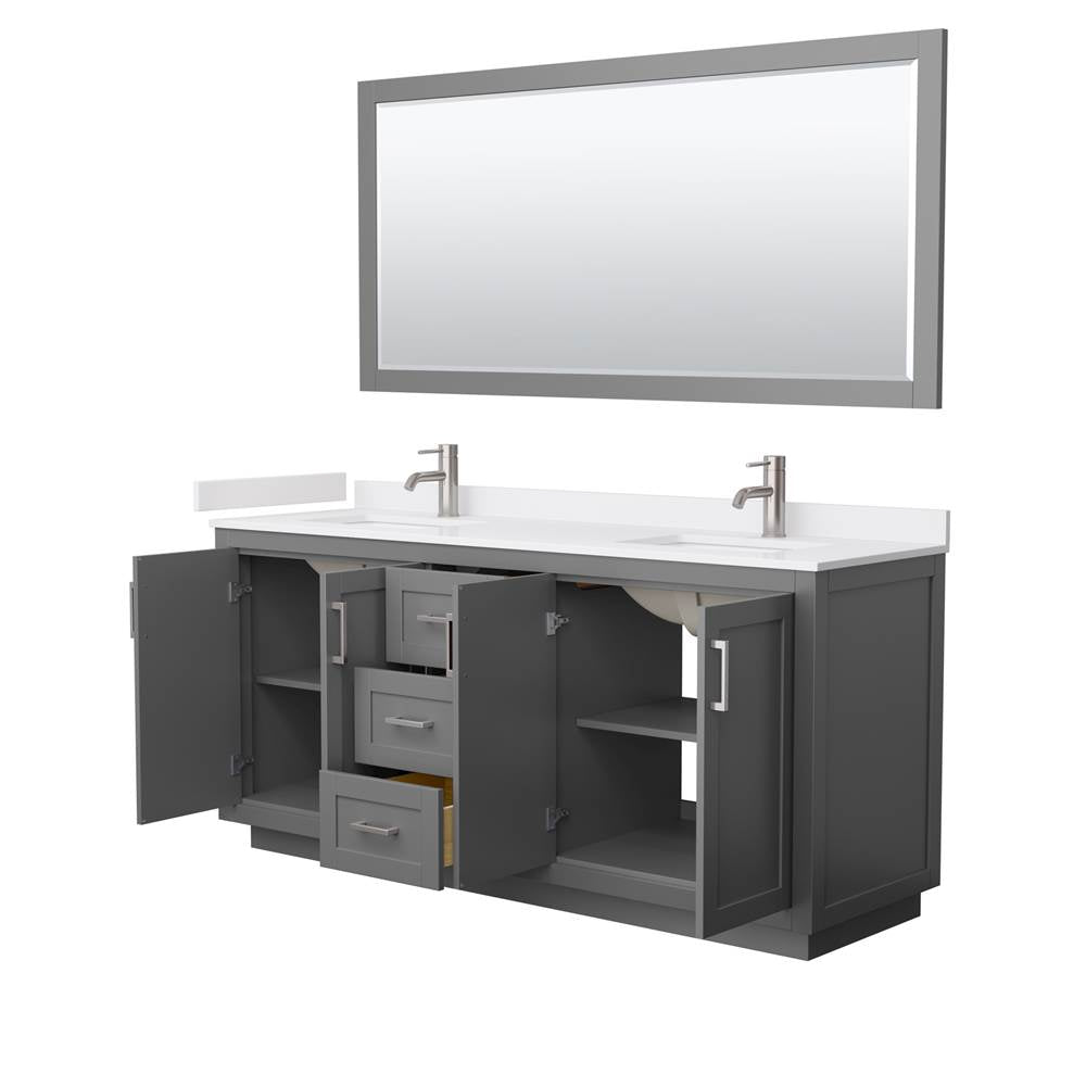 Miranda 72 Inch Double Bathroom Vanity in Dark Gray, White Cultured Marble Countertop, Undermount Square Sinks, Brushed Nickel Trim, 70 Inch Mirror