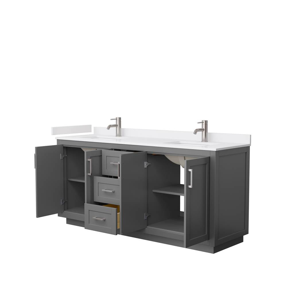 Miranda 72 Inch Double Bathroom Vanity in Dark Gray, White Cultured Marble Countertop, Undermount Square Sinks, Brushed Nickel Trim