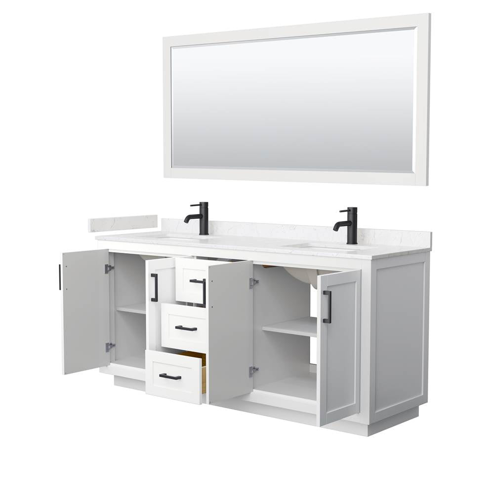 Miranda 72 Inch Double Bathroom Vanity in White, Carrara Cultured Marble Countertop, Undermount Square Sinks, Matte Black Trim, 70 Inch Mirror