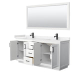 Miranda 72 Inch Double Bathroom Vanity in White, Carrara Cultured Marble Countertop, Undermount Square Sinks, Matte Black Trim, 70 Inch Mirror