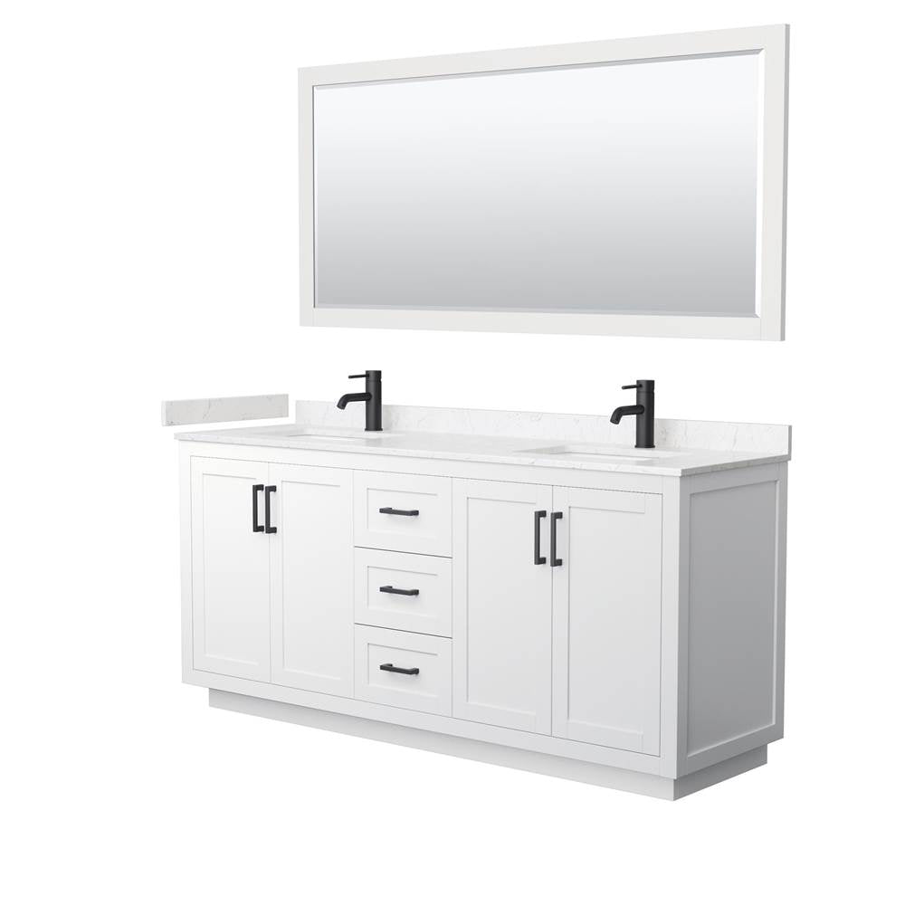 Wyndham Collection - Miranda 72 Inch Double Bathroom Vanity in White, Carrara Cultured Marble Countertop, Undermount Square Sinks, Matte Black Trim, 70 Inch Mirror