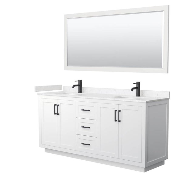 Wyndham Collection - Miranda 72 Inch Double Bathroom Vanity in White, Carrara Cultured Marble Countertop, Undermount Square Sinks, Matte Black Trim, 70 Inch Mirror