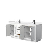 Miranda 72 Inch Double Bathroom Vanity in White, Carrara Cultured Marble Countertop, Undermount Square Sinks, Matte Black Trim