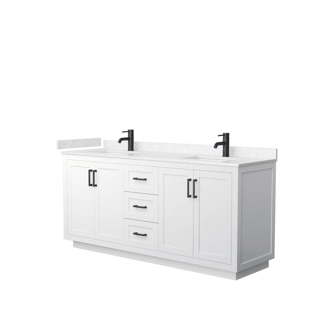 Wyndham Collection - Miranda 72 Inch Double Bathroom Vanity in White, Carrara Cultured Marble Countertop, Undermount Square Sinks, Matte Black Trim