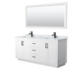 Wyndham Collection - Miranda 72 Inch Double Bathroom Vanity in White, White Carrara Marble Countertop, Undermount Square Sinks, Matte Black Trim, 70 Inch Mirror
