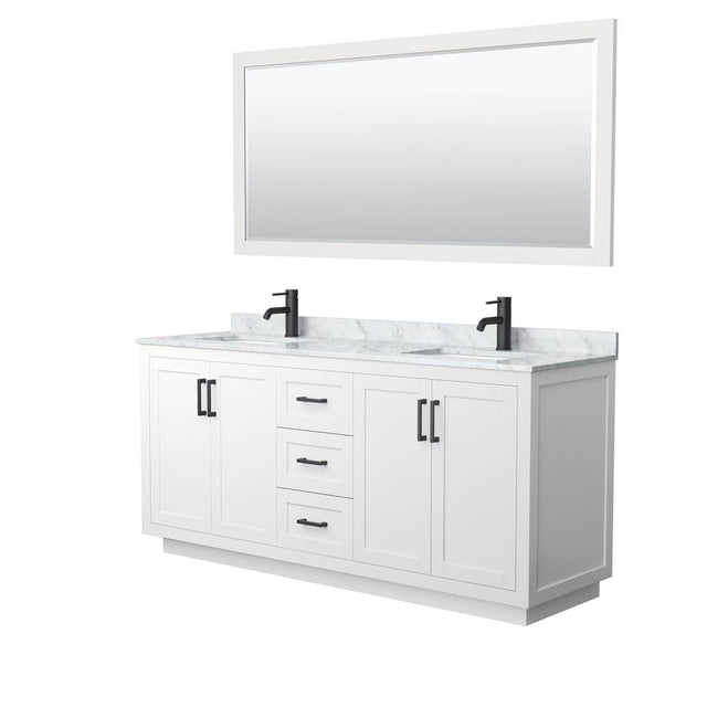 Wyndham Collection - Miranda 72 Inch Double Bathroom Vanity in White, White Carrara Marble Countertop, Undermount Square Sinks, Matte Black Trim, 70 Inch Mirror