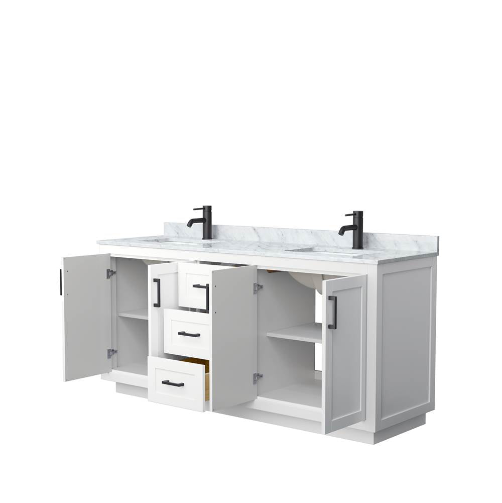 Miranda 72 Inch Double Bathroom Vanity in White, White Carrara Marble Countertop, Undermount Square Sinks, Matte Black Trim