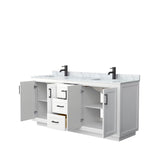 Miranda 72 Inch Double Bathroom Vanity in White, White Carrara Marble Countertop, Undermount Square Sinks, Matte Black Trim