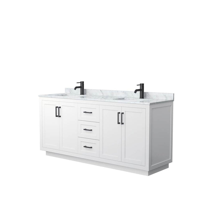 Wyndham Collection - Miranda 72 Inch Double Bathroom Vanity in White, White Carrara Marble Countertop, Undermount Square Sinks, Matte Black Trim