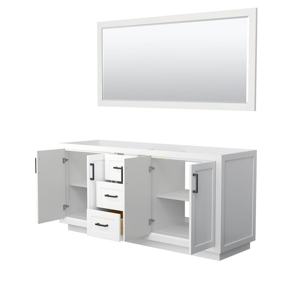 Miranda 72 Inch Double Bathroom Vanity in White, No Countertop, No Sink, Matte Black Trim, 70 Inch Mirror