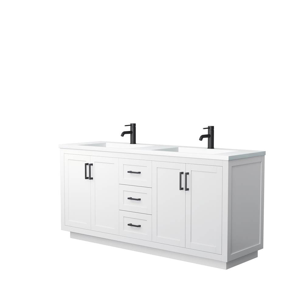 Wyndham Collection - Miranda 72 Inch Double Bathroom Vanity in White, 1.25 Inch Thick Matte White Solid Surface Countertop, Integrated Sinks, Matte Black Trim