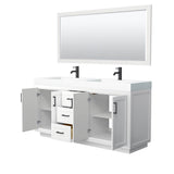Miranda 72 Inch Double Bathroom Vanity in White, 4 Inch Thick Matte White Solid Surface Countertop, Integrated Sinks, Matte Black Trim, 70 Inch Mirror