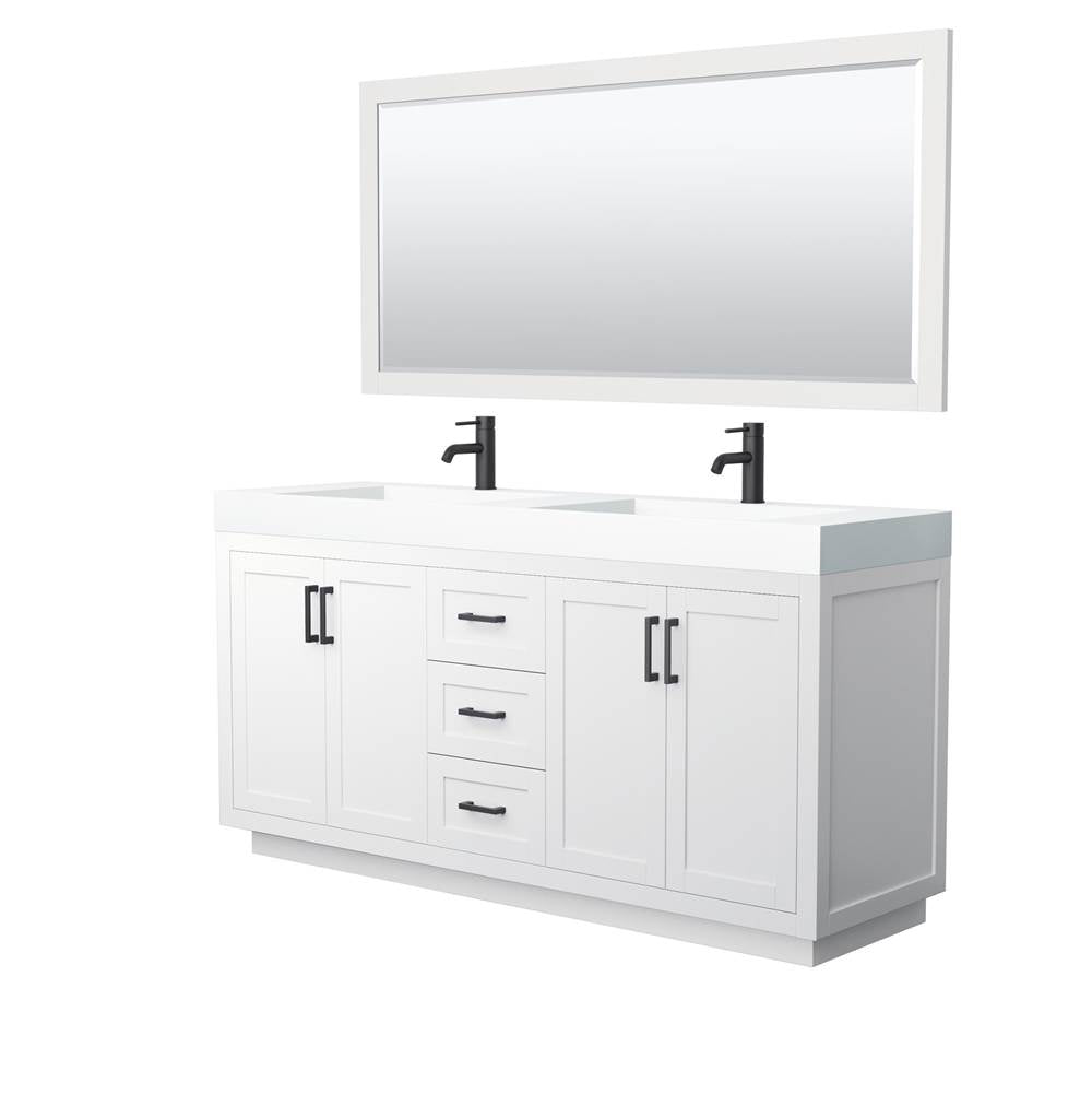 Wyndham Collection - Miranda 72 Inch Double Bathroom Vanity in White, 4 Inch Thick Matte White Solid Surface Countertop, Integrated Sinks, Matte Black Trim, 70 Inch Mirror