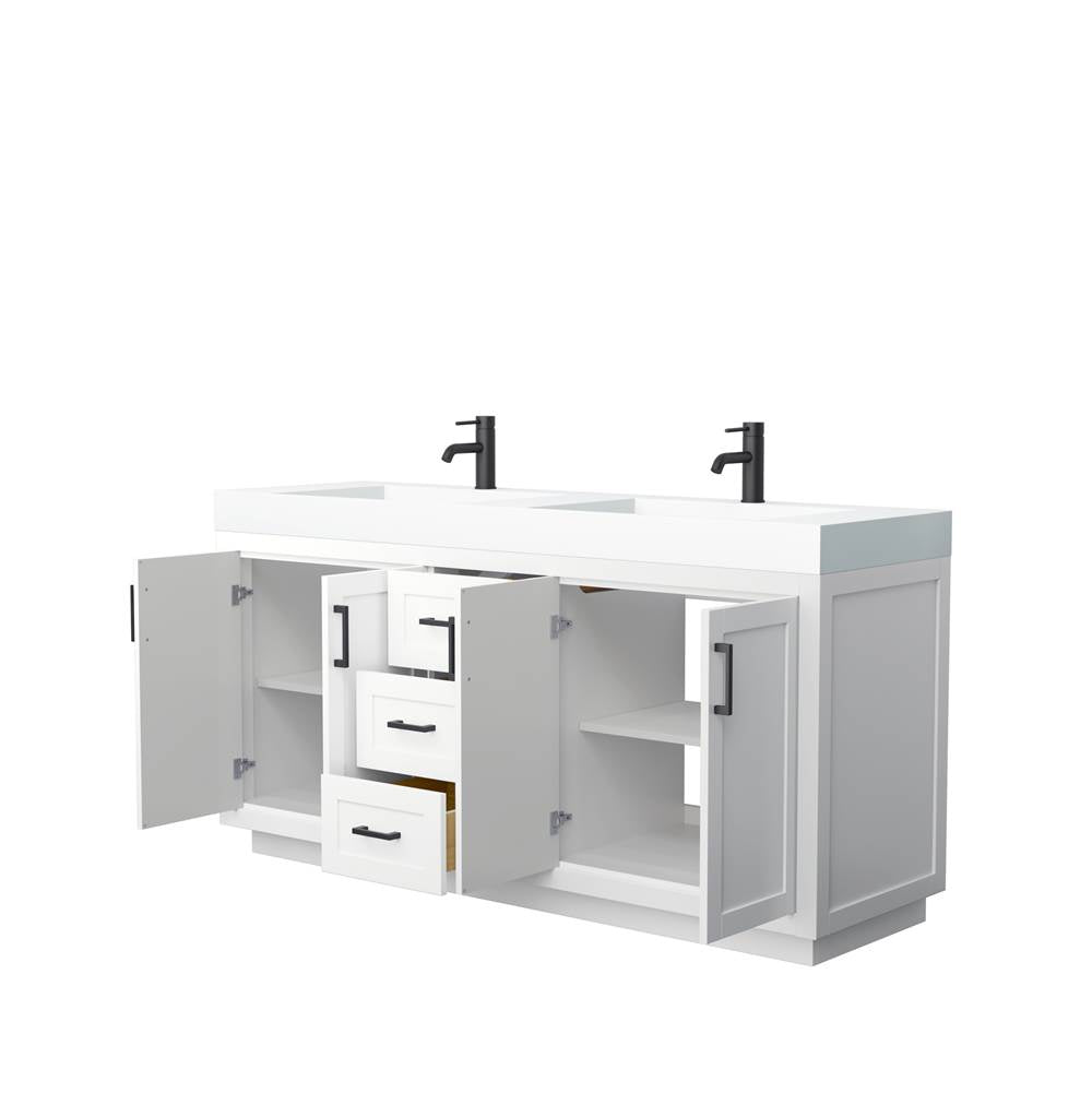 Miranda 72 Inch Double Bathroom Vanity in White, 4 Inch Thick Matte White Solid Surface Countertop, Integrated Sinks, Matte Black Trim