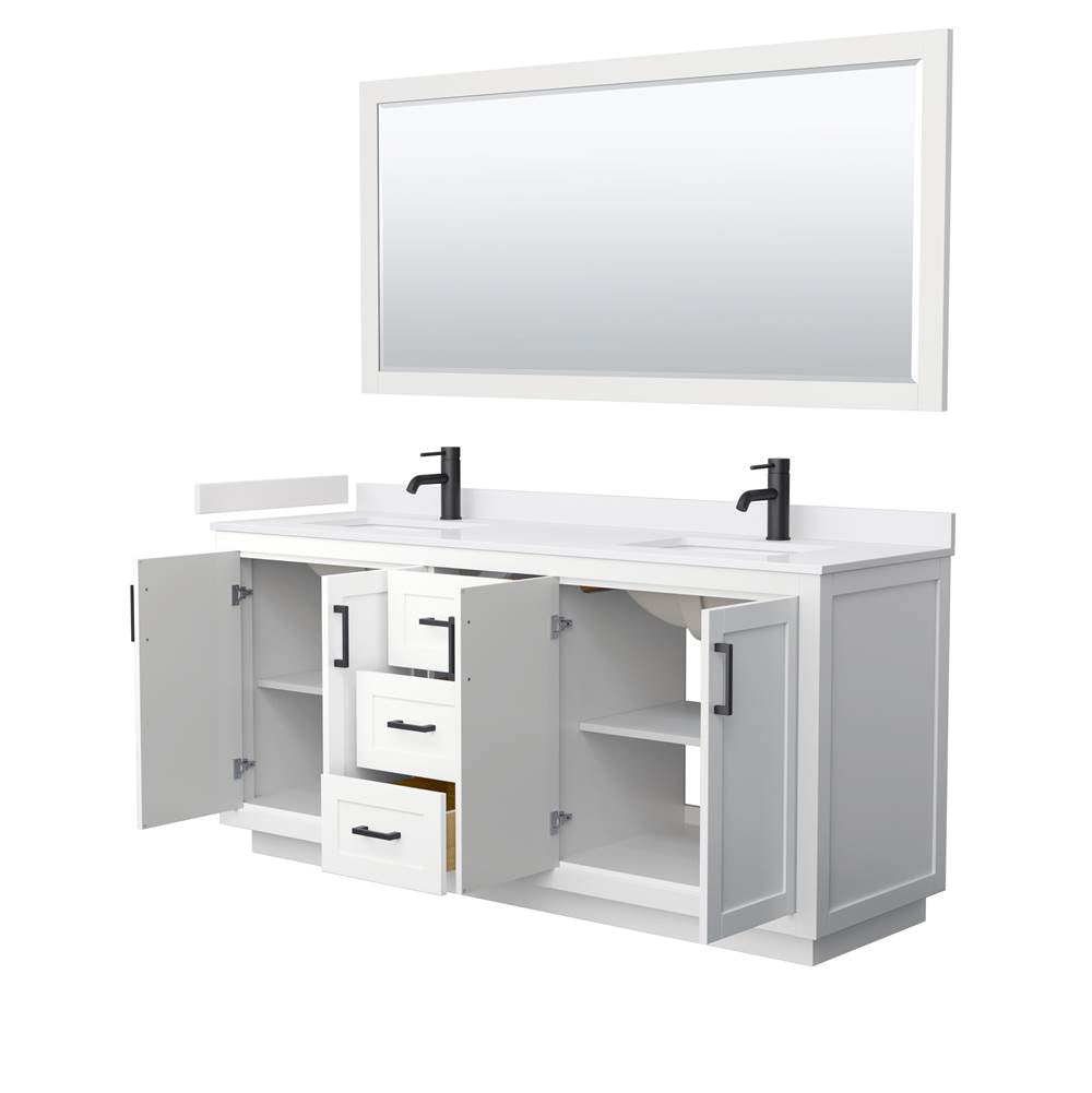 Miranda 72 Inch Double Bathroom Vanity in White, White Cultured Marble Countertop, Undermount Square Sinks, Matte Black Trim, 70 Inch Mirror