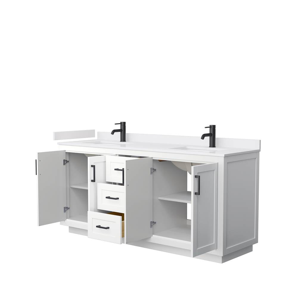 Miranda 72 Inch Double Bathroom Vanity in White, White Cultured Marble Countertop, Undermount Square Sinks, Matte Black Trim
