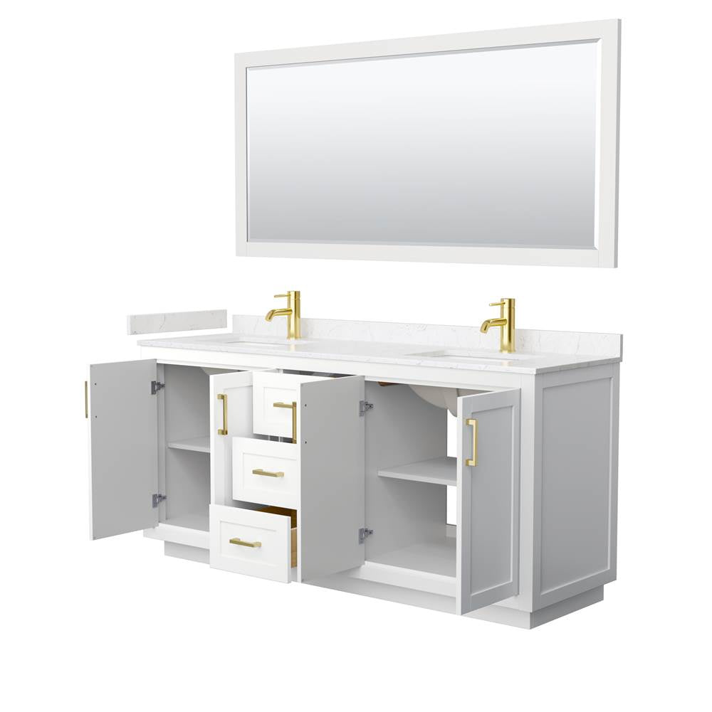 Miranda 72 Inch Double Bathroom Vanity in White, Carrara Cultured Marble Countertop, Undermount Square Sinks, Brushed Gold Trim, 70 Inch Mirror