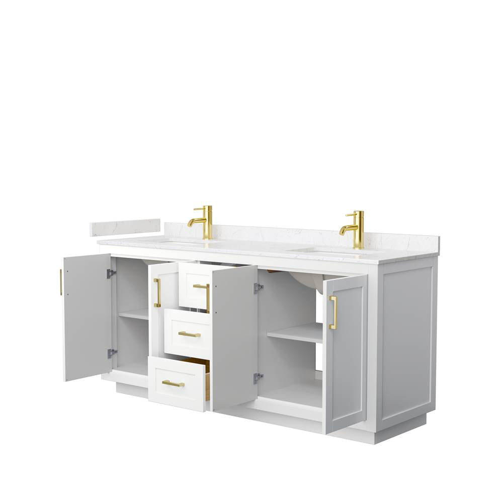 Miranda 72 Inch Double Bathroom Vanity in White, Carrara Cultured Marble Countertop, Undermount Square Sinks, Brushed Gold Trim