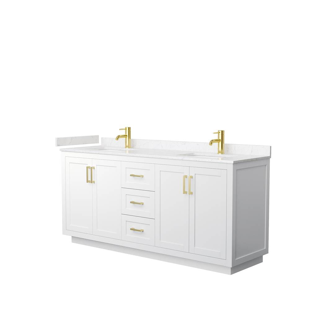 Wyndham Collection - Miranda 72 Inch Double Bathroom Vanity in White, Carrara Cultured Marble Countertop, Undermount Square Sinks, Brushed Gold Trim