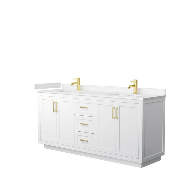 Wyndham Collection - Miranda 72 Inch Double Bathroom Vanity in White, Carrara Cultured Marble Countertop, Undermount Square Sinks, Brushed Gold Trim