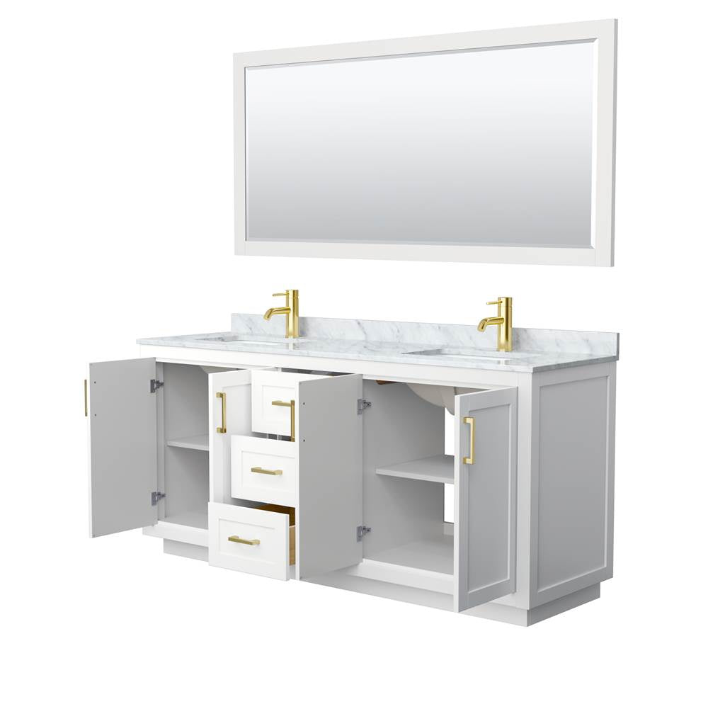 Miranda 72 Inch Double Bathroom Vanity in White, White Carrara Marble Countertop, Undermount Square Sinks, Brushed Gold Trim, 70 Inch Mirror