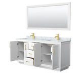 Miranda 72 Inch Double Bathroom Vanity in White, White Carrara Marble Countertop, Undermount Square Sinks, Brushed Gold Trim, 70 Inch Mirror
