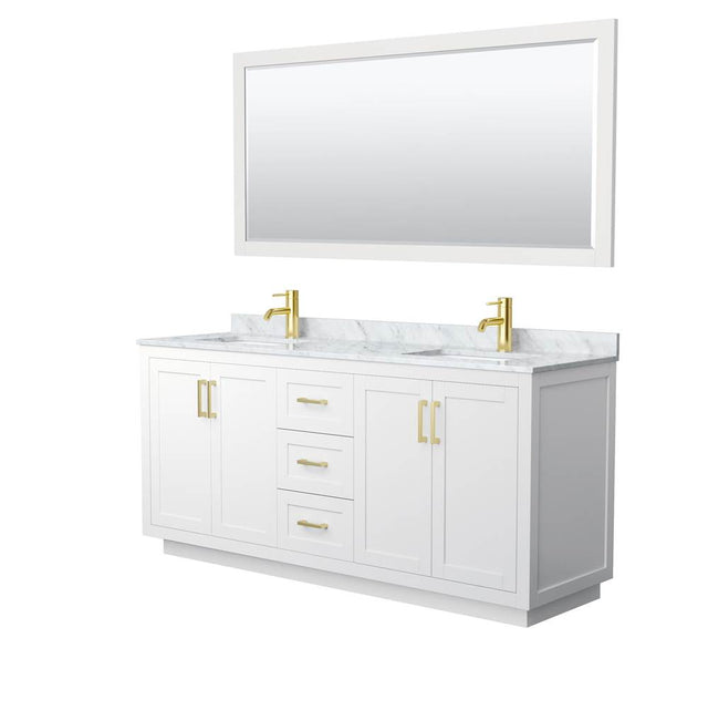 Wyndham Collection - Miranda 72 Inch Double Bathroom Vanity in White, White Carrara Marble Countertop, Undermount Square Sinks, Brushed Gold Trim, 70 Inch Mirror