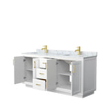 Miranda 72 Inch Double Bathroom Vanity in White, White Carrara Marble Countertop, Undermount Square Sinks, Brushed Gold Trim