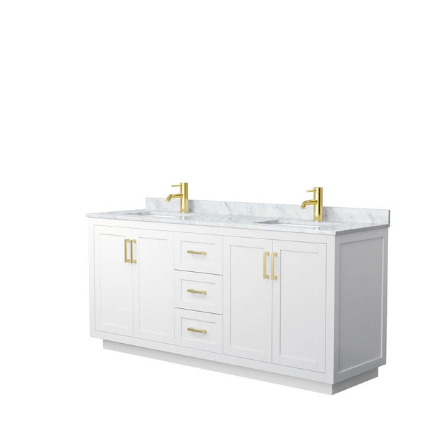 Wyndham Collection - Miranda 72 Inch Double Bathroom Vanity in White, White Carrara Marble Countertop, Undermount Square Sinks, Brushed Gold Trim