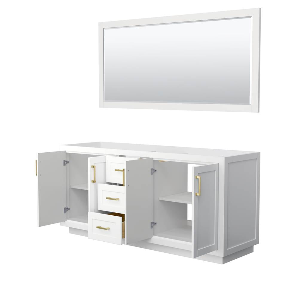 Miranda 72 Inch Double Bathroom Vanity in White, No Countertop, No Sink, Brushed Gold Trim, 70 Inch Mirror