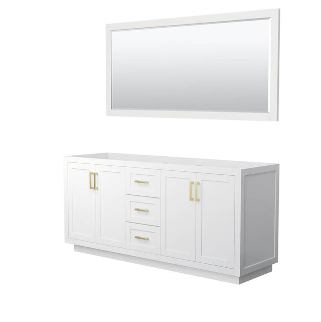 Wyndham Collection - Miranda 72 Inch Double Bathroom Vanity in White, No Countertop, No Sink, Brushed Gold Trim, 70 Inch Mirror