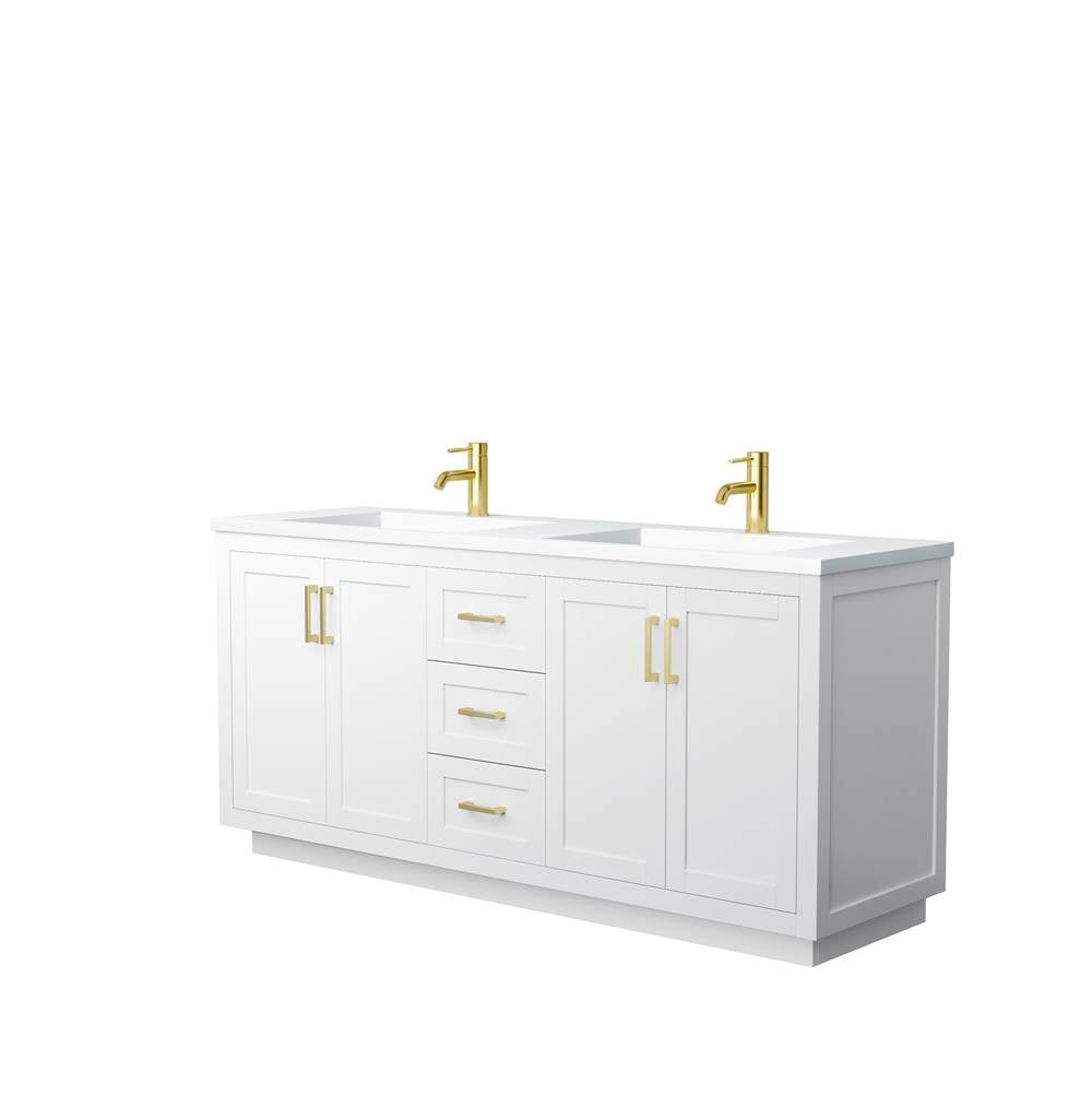 Wyndham Collection - Miranda 72 Inch Double Bathroom Vanity in White, 1.25 Inch Thick Matte White Solid Surface Countertop, Integrated Sinks, Brushed Gold Trim