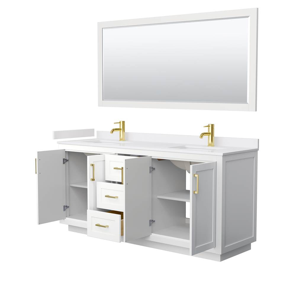 Miranda 72 Inch Double Bathroom Vanity in White, White Cultured Marble Countertop, Undermount Square Sinks, Brushed Gold Trim, 70 Inch Mirror