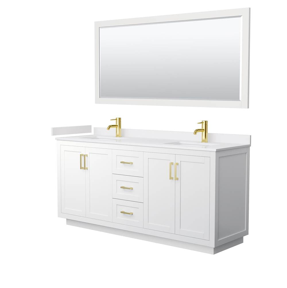 Wyndham Collection - Miranda 72 Inch Double Bathroom Vanity in White, White Cultured Marble Countertop, Undermount Square Sinks, Brushed Gold Trim, 70 Inch Mirror