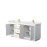 Miranda 72 Inch Double Bathroom Vanity in White, White Cultured Marble Countertop, Undermount Square Sinks, Brushed Gold Trim
