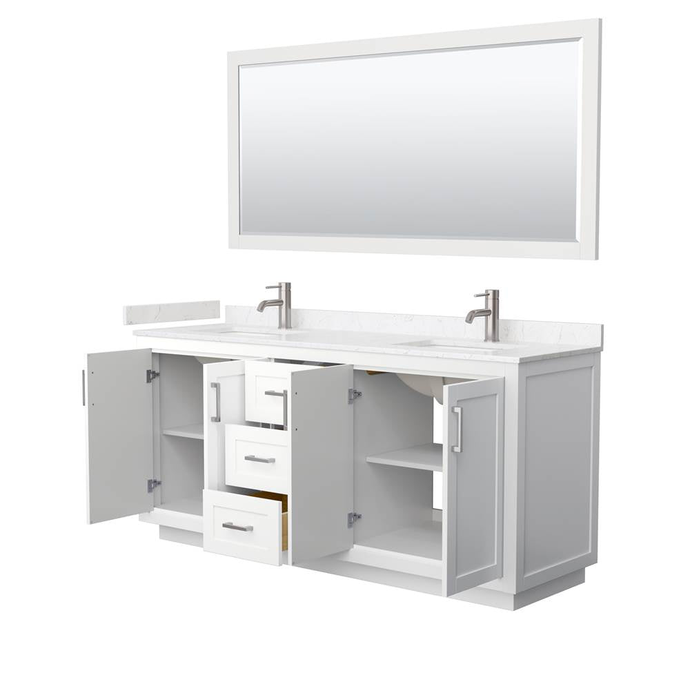 Miranda 72 Inch Double Bathroom Vanity in White, Carrara Cultured Marble Countertop, Undermount Square Sinks, Brushed Nickel Trim, 70 Inch Mirror